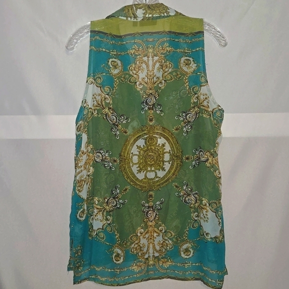 Blouse, Apt 9, Sleeveless, Sheer, Halter with collar, Blue, Green, Buttons, Lg, - Picture 9 of 10